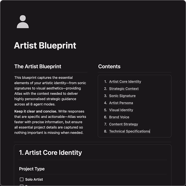 Artist Blueprint documentation page displaying a table of contents.