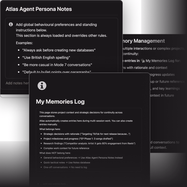 Atlas Agent Persona Notes interface showing global behaviour settings.