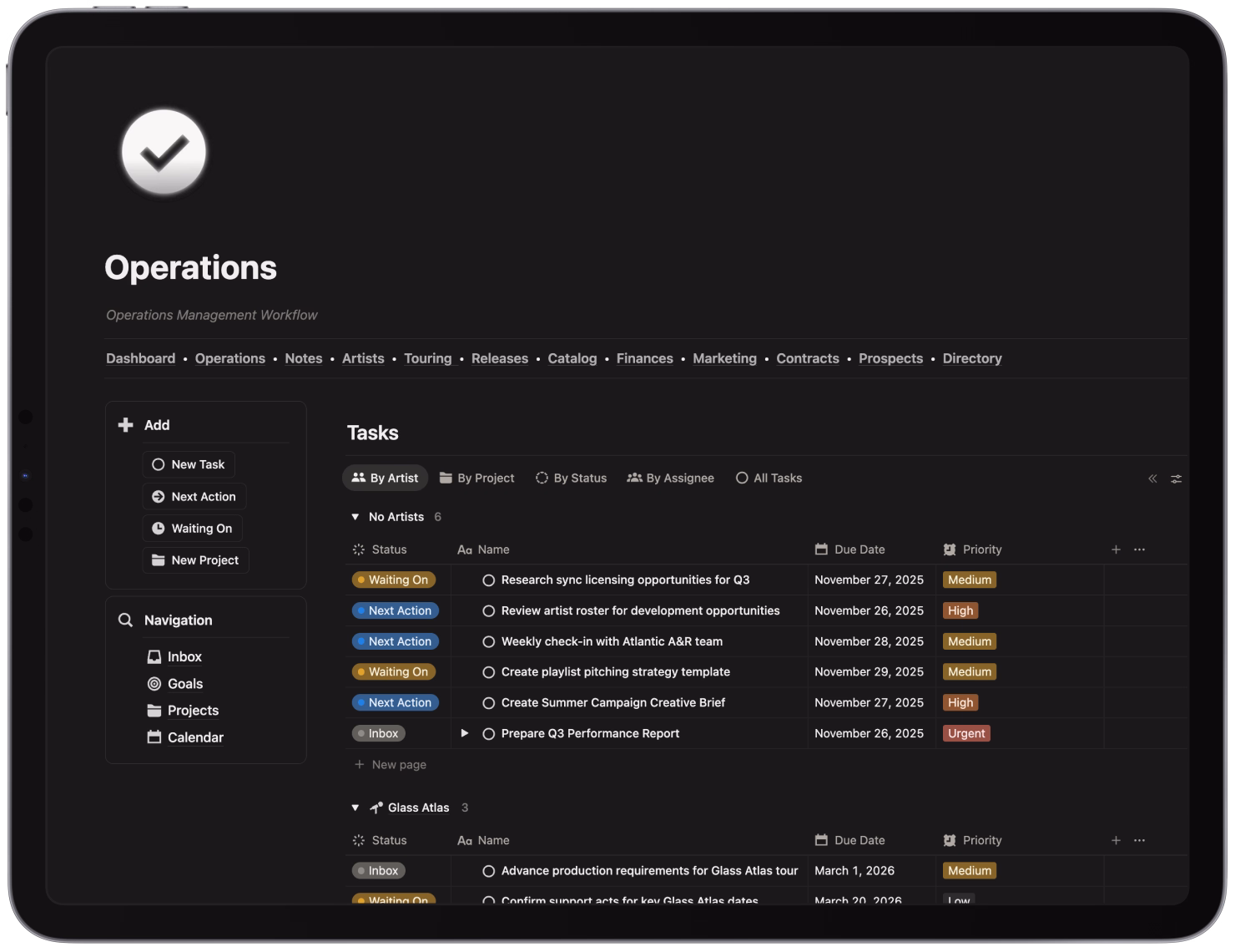 Tablet screen displaying an operations management workflow with task lists organized by artist and project, showing status, due dates, and priority levels.