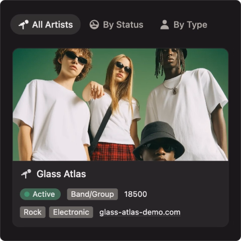 Roster profile for the band Glass Atlas showing Rock and Electronic genre tags and artist photos.