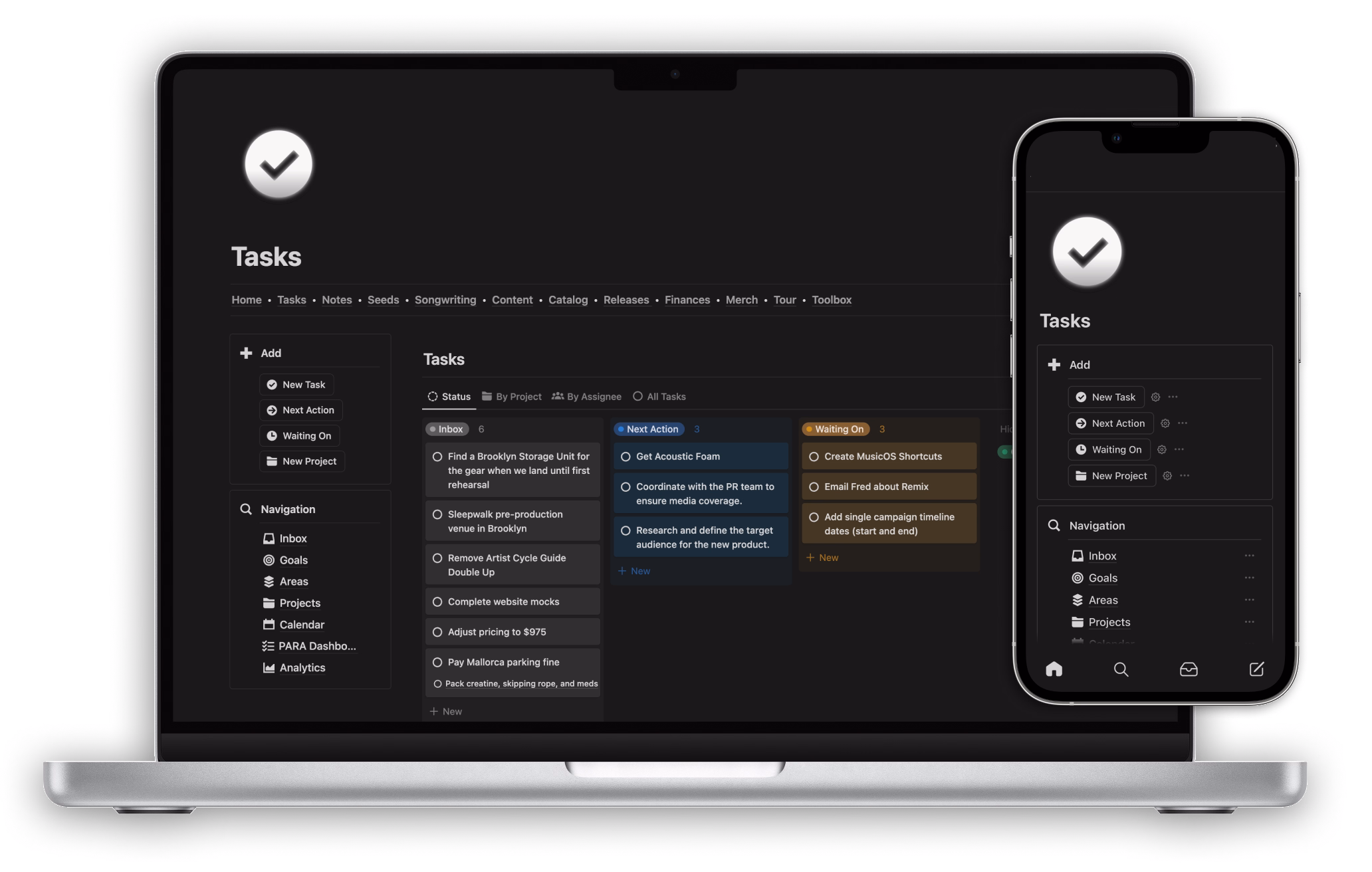 The Musician OS Tasks dashboard shown on a MacBook Pro and iPhone Pro.
