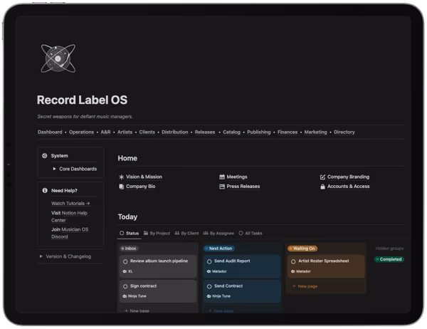 Record Label OS dashboard