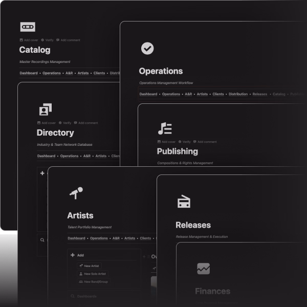 Publishing management platform showing catalog sections including Operations, Directory, Artists, Publishing and Releases.