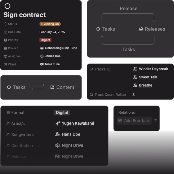 Contract-signing task detail showing linked tracks and writer information for a publishing deal.
