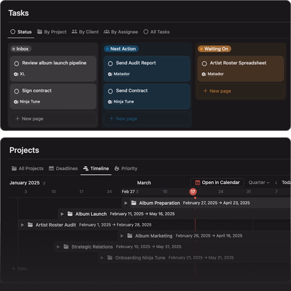 Project management board with tasks organised by status (Inbox, Next Action, Waiting On) beside a timeline view.